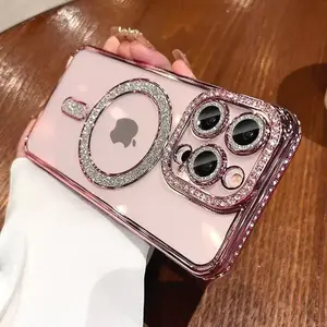 Flash Bling  Magnetic Phone case for iPhone 15 14 13 12 11 Pro Max Plus Compatible with MagSafe, Pretty Diamond Fashion Transparent Clear  Lens Frame Protector Cover Anti-Drop Dust proof Accessories Casing Handheld Protection Shockproof Smartphone