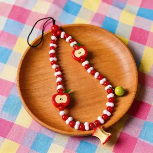 Handmade Kawaii Red Apple Beaded Phone Charm Strap Lanyard Cute Aesthetic Fruit Keychain for Women Girls Y2K Style Apple Core Pendant Wristlet for Phone Case Bag Purse Vibrant Beads Hanging Decor Trendy Tech Accessory Gift