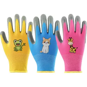 2Pairs Kids Gardening Gloves for Age 3-13, Grippy Rubber Coated Garden Work Gloves for Children, Pink & Blue & Yellow Machine Washable Durable