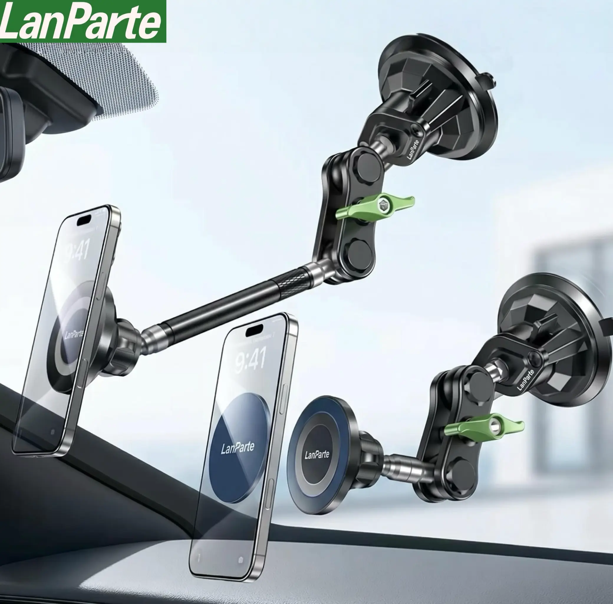 LanParte Aluminum Alloy Magnetic Car Phone Mount, 360-Degree Multi Surface Mounts & Holders with Vacuum Suction Cup, Anti-Shake Lock, Easy Installation, Ultra-Stable for iPad Air, iPad Mini, Live Streaming Equipment