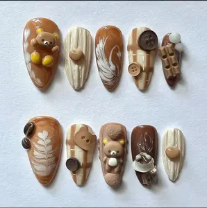 Rilakkuma Bear Press On Nails Set 3D Teddy Charm Coffee Latte Bean Kawaii Nail Art for Holiday, Vacation, Birthday