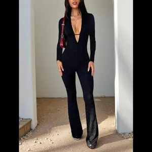 Sexy Lace V Neck Long Sleeve Romper, Elegant One Piece, Perfect for Parties & Events, Stylish Women's Clothing Bodysuit Chic