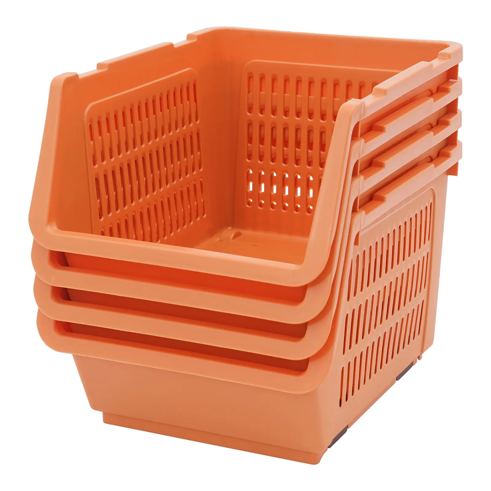Set of 4 stackable storage baskets, modern orange design, made of PP through injection molding; rectangular floor-standing units with wheels, telescopic locking clips for easy combination and nesting; U-shaped front access openings with ventilation holes