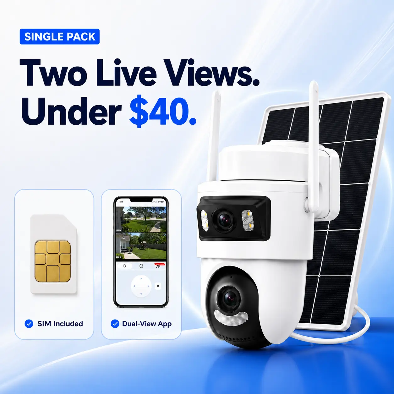 4G LTE Cellular Solar Security Camera - Dual-View Fixed Lens & PTZ Outdoor Camera, No WiFi, Human Detection, Auto Tracking, Color Night Vision, 2-Way Audio, Preconfigured SIM Included, IP66 HD Motion full-color Smart Video instant alert