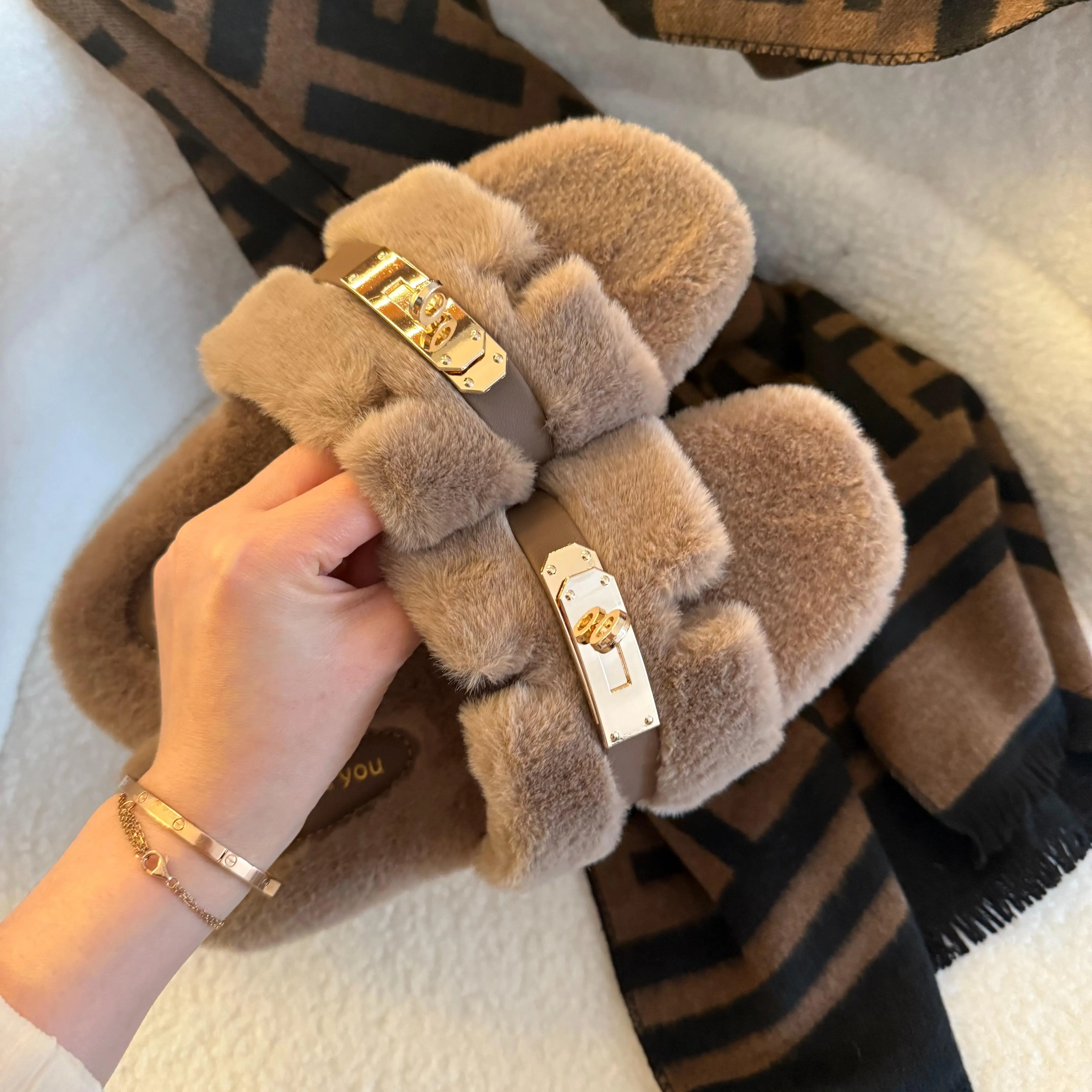 Plush Slippers with Metal Buckle Decoration - Elegant & Versatile Flat Slippers for Women Khaki