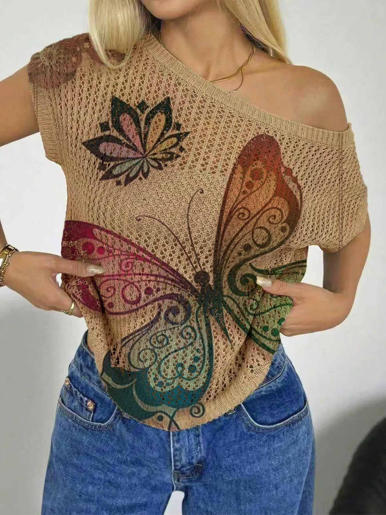 Spring Summer Women's Beach Vacation Style Loose Asymmetrical Neck Off-Shoulder Batwing Sleeve Semi-Sheer Lace, Butterfly Print Knit Top