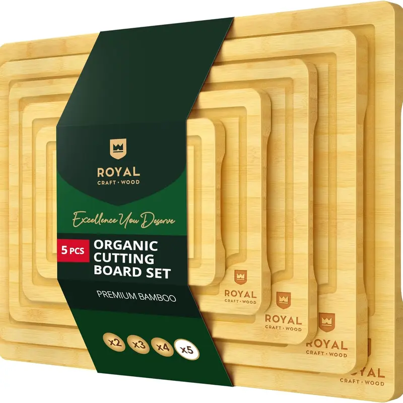 Royal Craft Wood Bamboo Cutting Board Set of 5, Wooden Cutting & Serving Boards with Juice Groove for Kitchen, Meat and Cheese