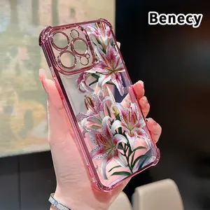 Floral Grace Pattern Four Corner Anti-Fall Phone Case Transparent Electroplated Protective Cover for iPhone 16 Pro Max 15 Plus 14 13 12 11 E