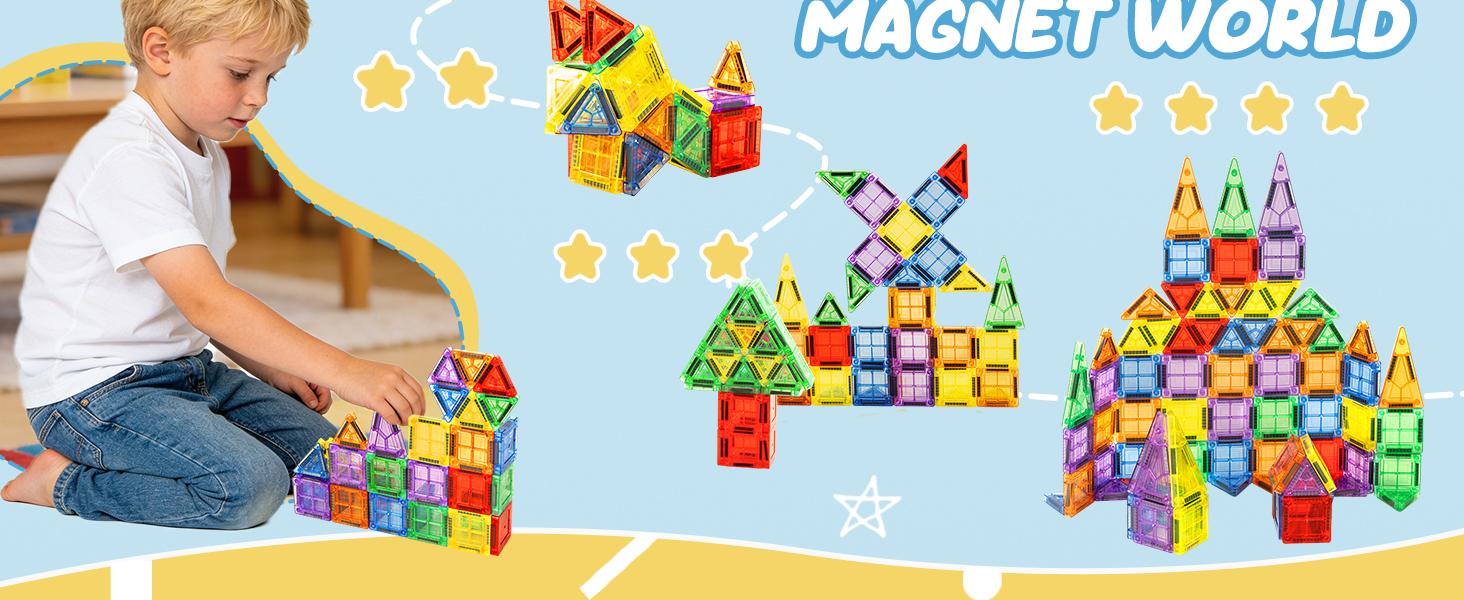 Cossy Mini Magnetic Tiles, 80 PCS Magnet Tiles Travel Magnetic Tiles with Iron Box and Storage Guide, Travel Toys for Long Trip and Restaurant, STEM Learning & Creative Building & Educational Toys