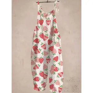 Vibrant Strawberry Knotted Strap Overalls - Sleeveless, Loose Fit, Comfortable, Spring & Summer Essential - Womens Cute Casual Clothing for Warm Weather