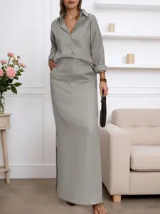Women's Solid Color Set, Shirt Collar Long Sleeve, High Waist Zipper Slit Skirt, Casual Loose Blouse Design, All Seasons