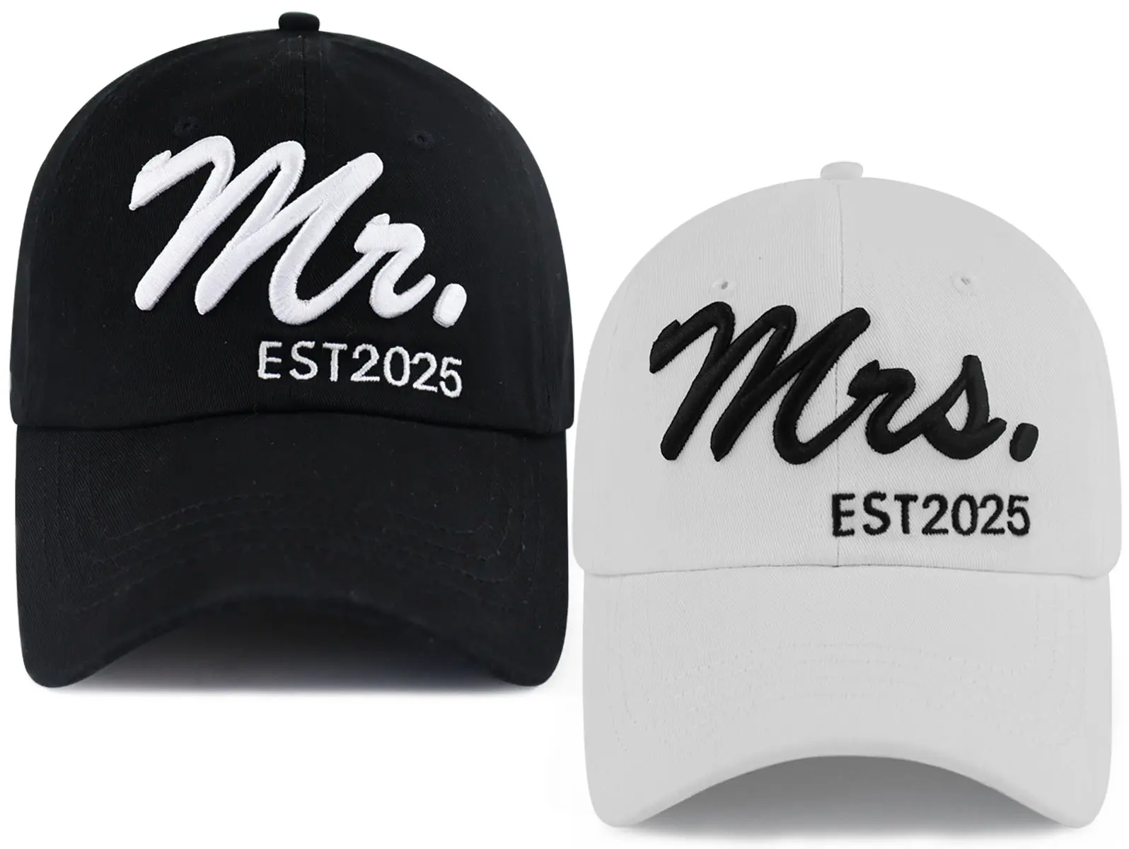 2PCS Mr Mrs EST 2025 Baseball Hats, Embroidered Couple Matching Caps, Bride Groom Wedding Gift, Adjustable Baseball Caps for Honeymoon Anniversary