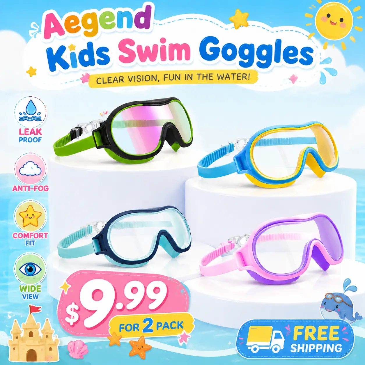 Aegend Kids' Swimming Goggles 2-Pack - Adjustable Sealed Silicone Wide View Swim Glasses with Anti-Fog, UV Protection for Youth Pool Days, Goggles for Swimming, Wide Lens, Large Eye, Outdoor Swimming Adventures tiktokshopbacktoschool