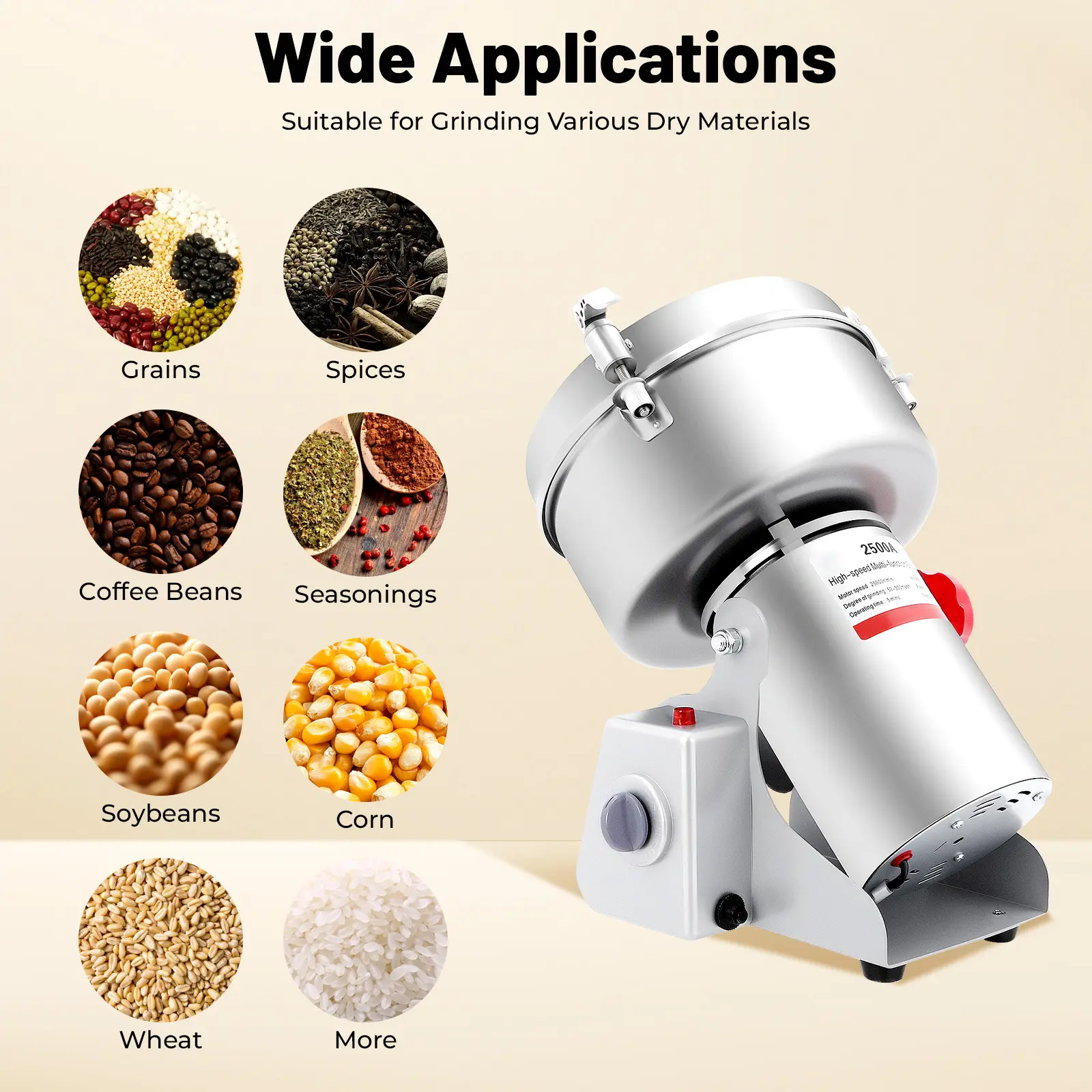 Automatic Mill, 304 Stainless Steel Kitchen Seasoning Utensil with 4500W All-Copper Motor, 5.51lbs Capacity, 1-5min Timing, 50-300 Mesh Efficient Grinding, Overload Auto Stop, Rubber Blades, 180° Even Grinding, Easy-Clean for Home, Clinics