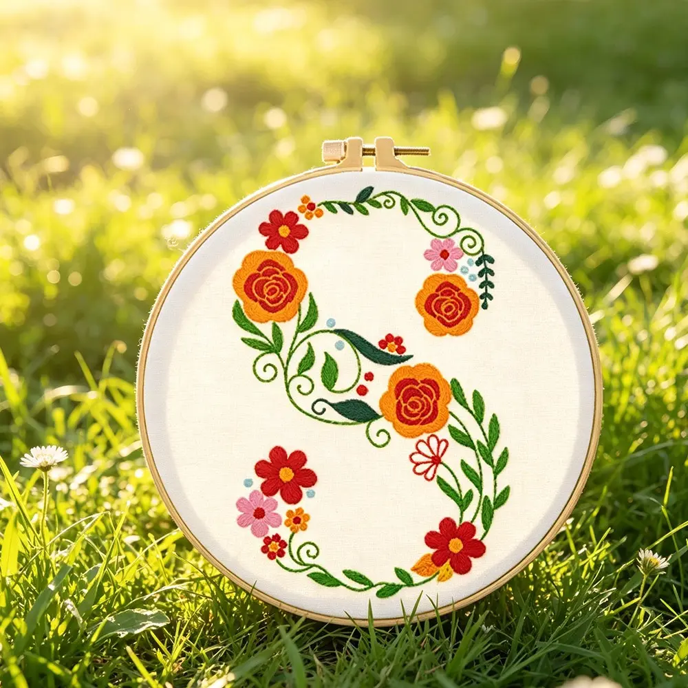 Creative Floral Letter Embroidery Kit, Beginner-Friendly Sewing Art Set, Includes Embroidery Cloth, Threads, Tools(random color), Instructions, Unique Home Decor, Gift, Souvenir, Flower Embroidery