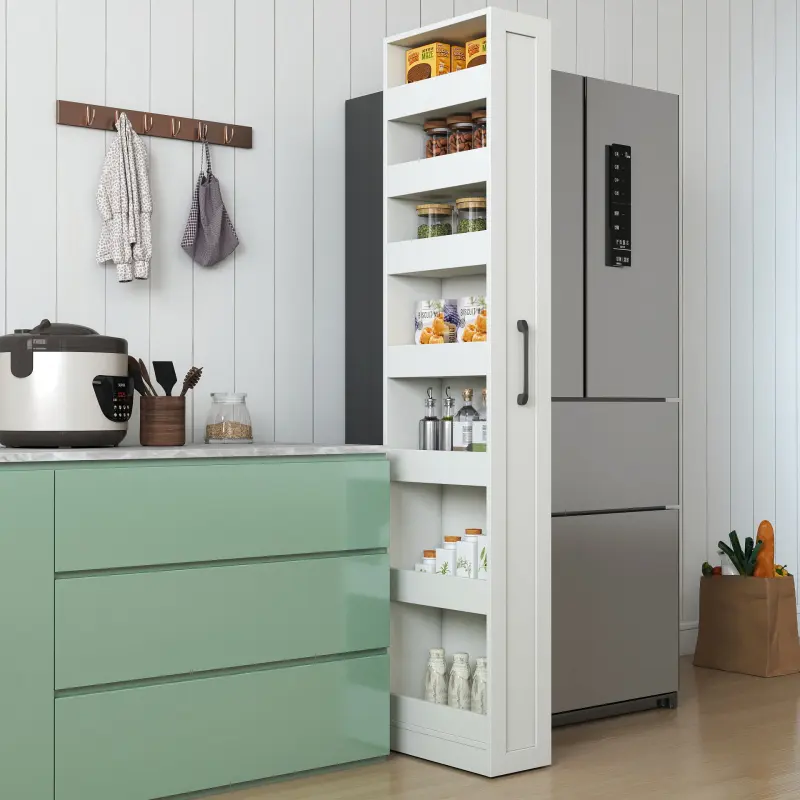7-Tier 15mm Particle Board Pull-Out Single-Sided Open Shelf - 3mm MDF Melamine Finish, Convenient Handle, 7.87x15.75x70.75 Inches Wooden Space Saver Rack for Home, Compact Kitchen Storage Organiser