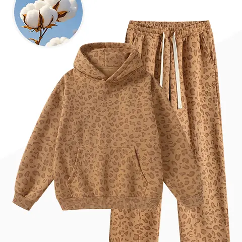 Men's 2 Piece Athleisure Lounge Set - Leopard-Print Hoodie Sweatsuit, Long-Sleeve Straight-Leg Sports Pants for Autumn/Winter Daily Commuting & Outdoor Activities