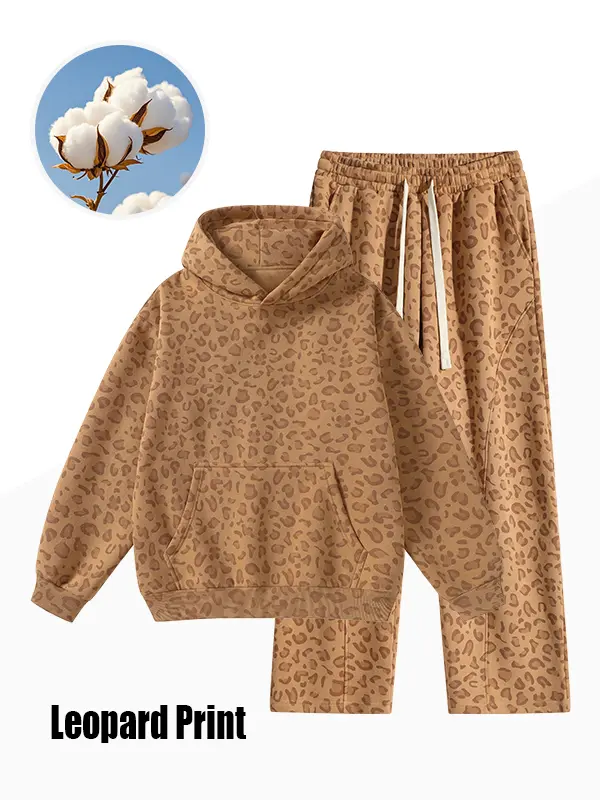 Men's 2 Piece Athleisure Lounge Set - Leopard-Print Hoodie Sweatsuit, Long-Sleeve Straight-Leg Sports Pants, Casual Sporty Set for Autumn/Winter Daily Commuting & Outdoor Activities