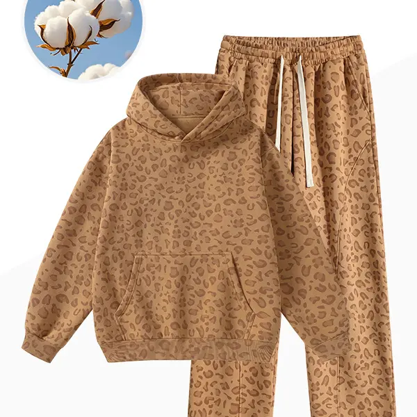 Men's 2 Piece Athleisure Lounge Set - Leopard-Print Hoodie Sweatsuit, Long-Sleeve Straight-Leg Sports Pants for Autumn/Winter Daily Commuting & Outdoor Activities