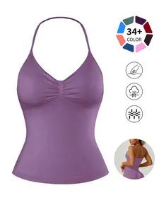 Women's Halter Neck Ruched Workout Tank, 34+ Color Options, Slimming Longline Yoga Top, Seamless & Buttery Soft Fabric for Gym, Yoga & Casual Wear, Stretchable Activewear