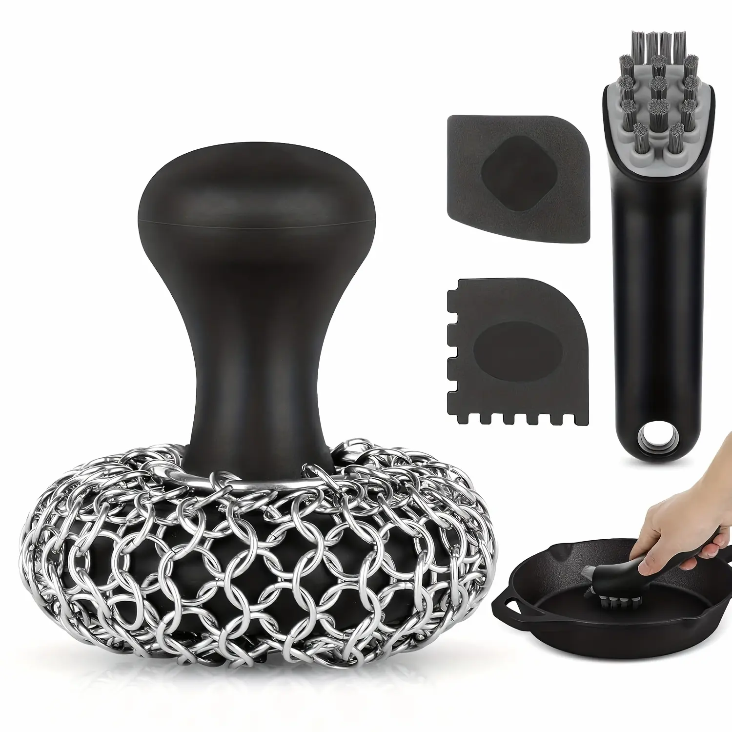Cast Iron Cleaning Kit-Includes 316 Stainless Steel Chainmail Scrubber, Cleaning Brush, Pan And Grill Scrapers-Ergonomic Design For Skillet, Wok, Grill, Pre-Seasoned Cookware