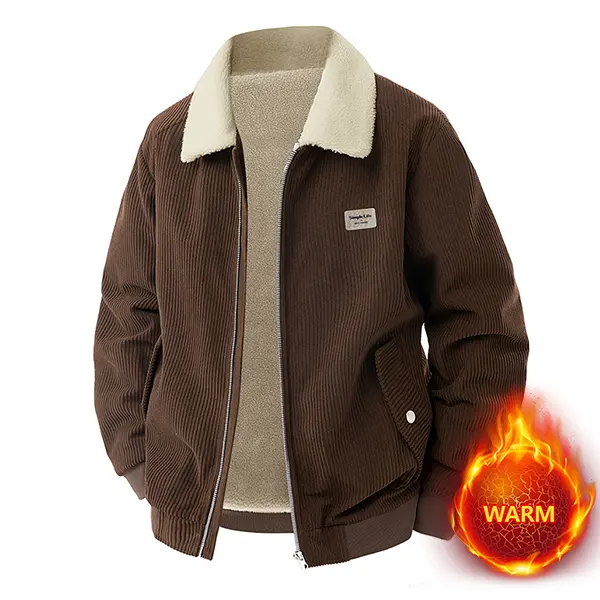 Men's Fitted Woven Stylish Casual Long Sleeve Corduroy Jacket - Faux Fur Collar, Warm Sherpa-Lined Plain Coat