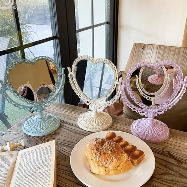 Retro Double-Sided European-Style Heart-Shaped Tabletop Vanity Mirror, Cute Princess Design for Dorm & Bedroom Baby-Maternity Decor