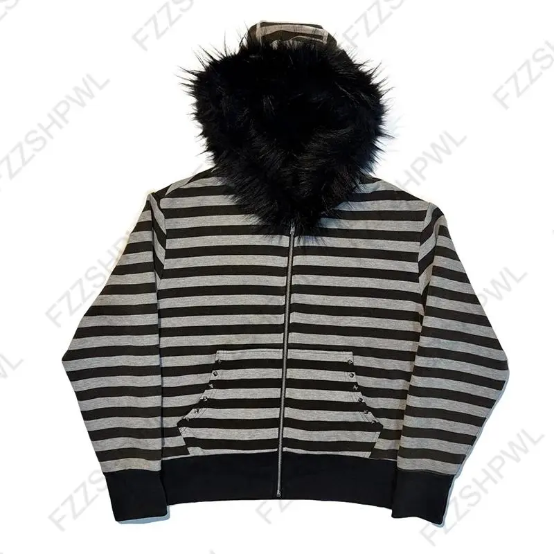 Women's 2025 Gothic Aesthetic Autumn Winter Fur Collar Hoodie - Lady's Slim Chic Casual Cardigan Tops with 2000s Harajuku Vibes
