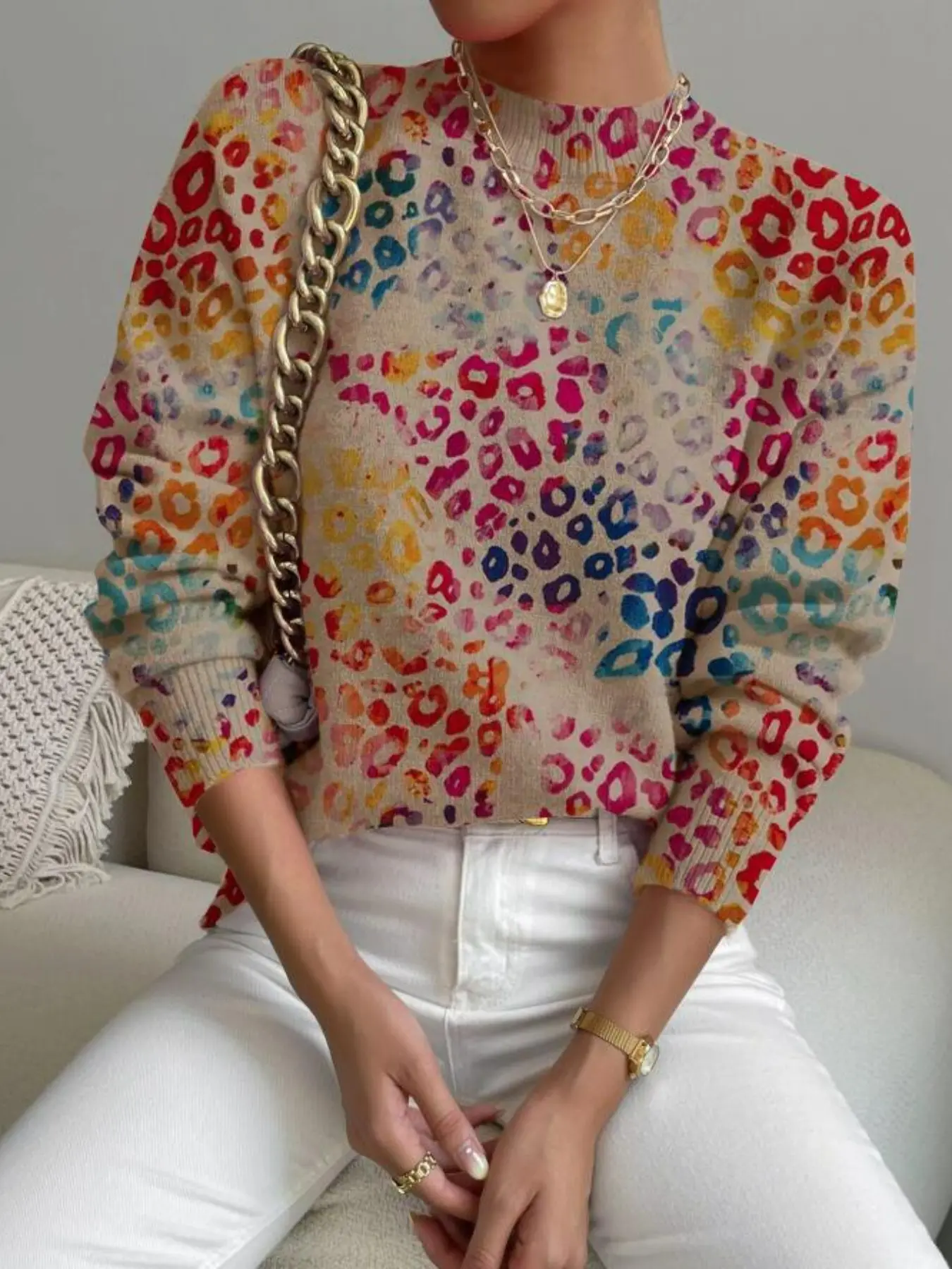 Fashionable Women's Leopard Print Long Sleeve Sweater, Warm Fitted Style for All Seasons, Versatile Casual Pullover for Everyday Wear, Womenswear