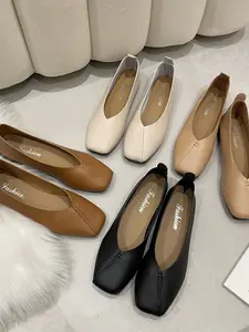 Fashionable Versatile Soft Leather Women's Bean Shoes, Slip-On Square Toe Retro Vintage Flat Single Shoe, Trendy Casual Walking Footwear with Rubber Sole for Everyday Wear