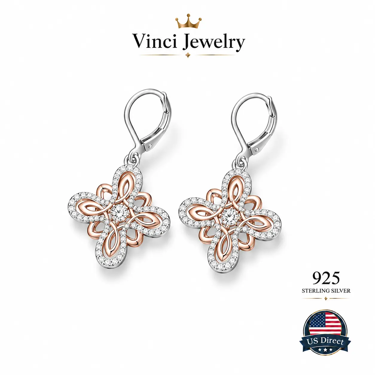 Women's 925 Sterling Silver 2-Tone Rose Gold Floral Clover Drop Earrings - Sparkling Crystal Dangle Jewelry, Minimalist Luxury Statement Piece for Clean Girl Aesthetic, Wedding Guest Wear