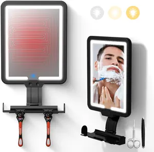 Heated Anti-Fog Shower Shaving Mirror,9.5*8 Inch LED Shower Mirror Fogless for Shaving with 3 color modes,Dimmable Shaving Mirror with Storage Tray and Razor Holder,Hanging Rechargeable Shower Mirror