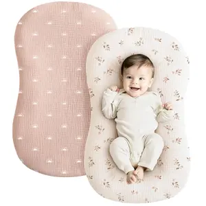 2-piece 100% Pure Cotton Baby Lounger Cover Set Soft Breathable Newborn Nest Cover for Boys Girls Pink Sun Khaki Leaves
