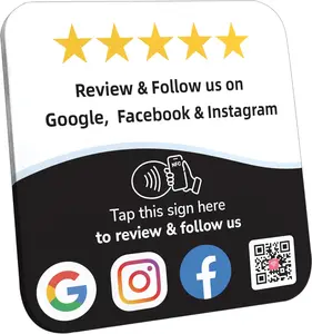 Review Tap Card & Social Media Sign NFC Plate – NFC Review QR Code Sign compatible with Instagram & Facebook QR Code Follow Us – Tap or Scan Business Rating Display with Stand & Adhesive – No App/Fees