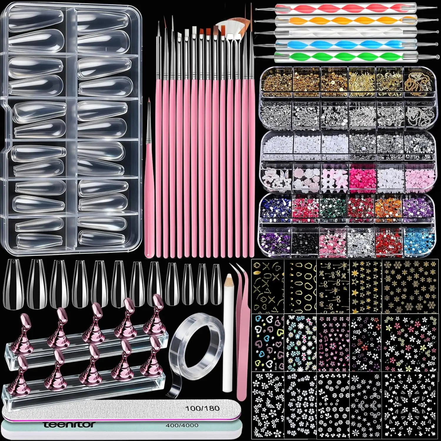 Acrylic Nail Kit with Clear Coffin Nail Tips, Nail Charms and Gems, Nail Stickers, Nail Art Brushes, Nail Dotting Tools, Nail Stand, Press On Nails Kit for DIY Nail ArtGift.
