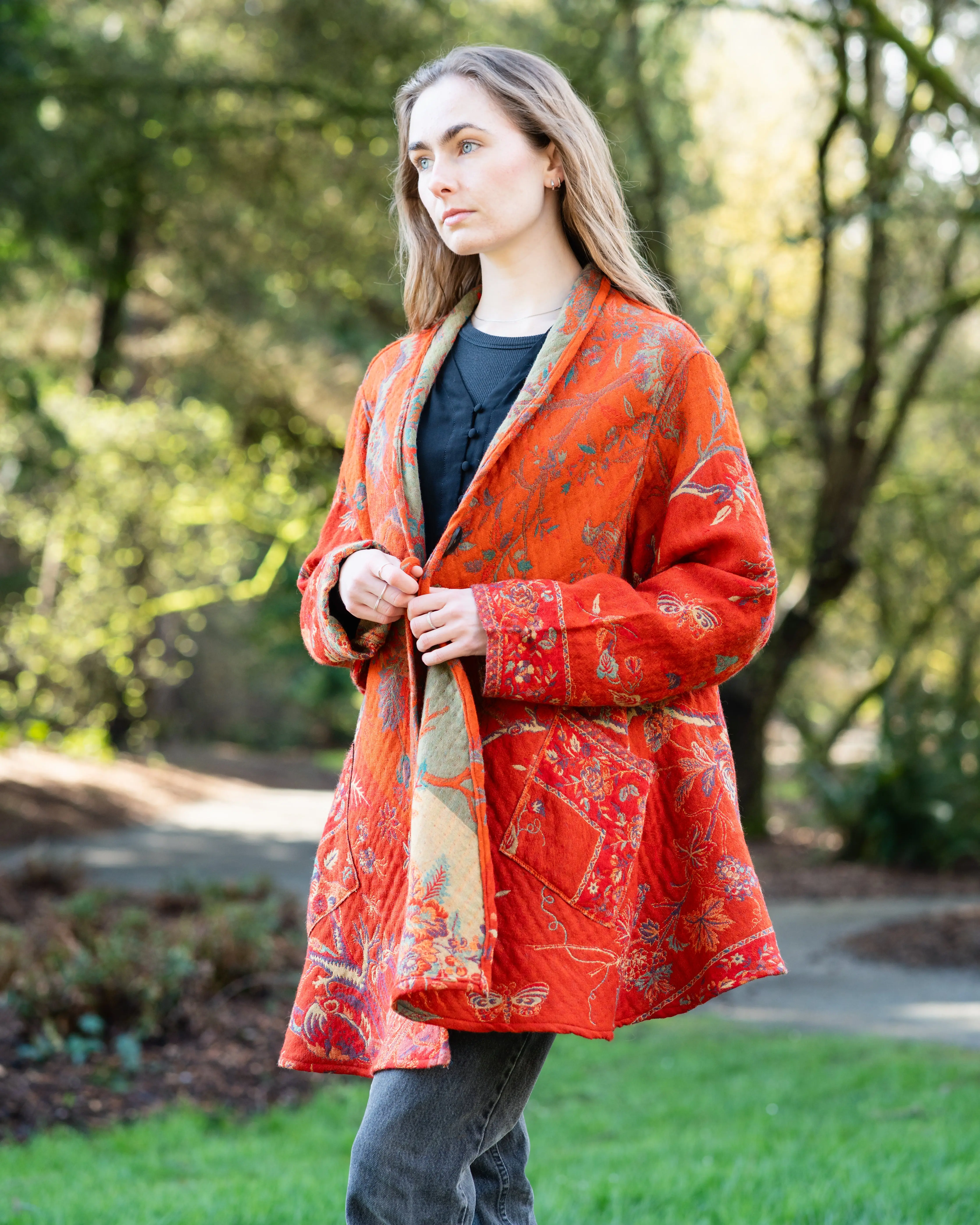 Women's Wool Duster Coat, Button-Front Design, Long Sleeves, Tangerine Workwear Special Clothing, Oversized, Uniforms, Fit
