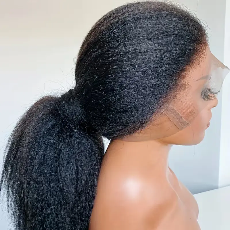 13x4 Glueless Black Kinky Straight Wigs Long Black Yaki Straight Lace Front Wigs Pre Plucked 200% Density Synthetic Wigs Middle Part Heat Resistant Fiber Hair Synthetic Lace Front Wig for Wome Straight Black Hair for Daily & Parties Wear