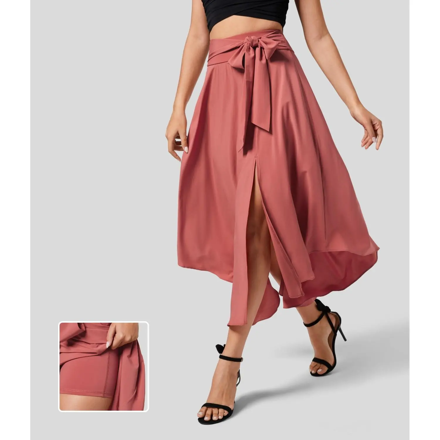 Halara Breezeful High Waisted Tie Side Split 2-in-1 Curved Hem Flowy Flare Quick Dry Midi Casual Skirt