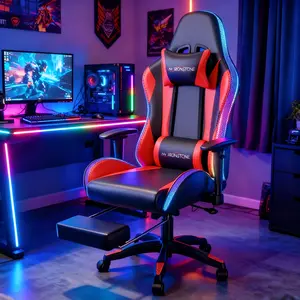 【LED+Speakers】Mr IRONSTONE Gaming Chair with Speakers and Rgb Lighting Ergonomic Massage Computer Gaming Chair with Broaden Cusion and Footrest High Back Video Game Chair for Adults Kids Boyfriend Father's Gift