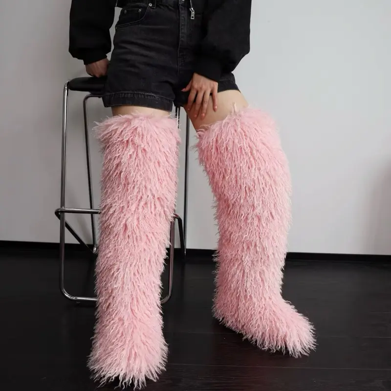RRA Faux Fur Knee-High Statement Boots Plush Faux Fur Over-the-Knee Boots Viral Faux Fur Knee-High Boots in Pink