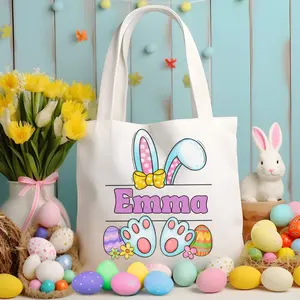 Personalized Easter Bunny Tote Bag, Custom Name Bunny Ears Tote, Kids Easter Basket Canvas Bag, Cute Bunny Feet Tote, Easter Gift for Kids