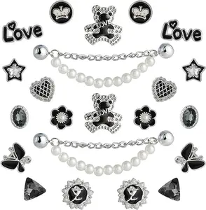 22PCS Sparkling Rhinestone & Pearl Shoe Charms Set, LOVE Letter Designs, Glitter Shoe Chains & Decorative Accessories for Clog Sandals, Cute Party Style for Women & Girls