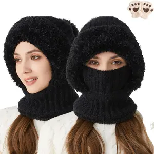 Women and Men Winter Knit Balaclava Hat Scarf Mask 3 in 1 Set, Fleece Lined Thick Warm Beanie Hood with Full Face Cover, Thermal Windproof Outdoor Ski Snow Gear