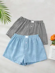 Women's Sporty Shorts Set, Casual Summer Sleepwear, Loose Fit Plaid Beach Pants, Comfortable Lounge Wear, Comfy Shorts, 2 Piece Pack