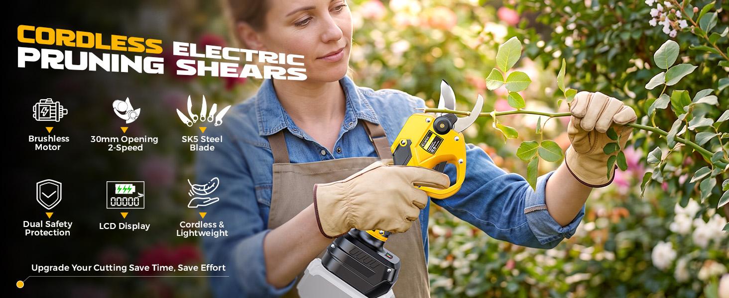 Brushless Electric Pruning Shears Compatible with DeWalt 20V Battery【Battery NOT Included】, Cordless Tree Trimmer with 30mm Max Cutting Opening, 2-Speed Adjustable, LCD Display Battery Level & Mode, SK5 Steel Blade for Garden Orchard