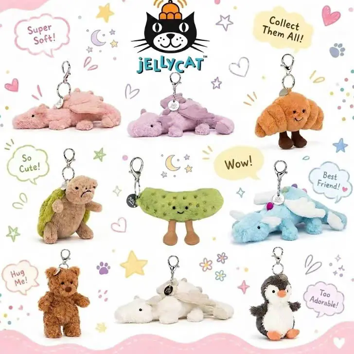 Jellycat Mini Plush Keychain - Soft Cuddly Plush Toy Charm, Cute Bag Pendant, Kawaii Accessory for Daily Use, Gifts & Collectors