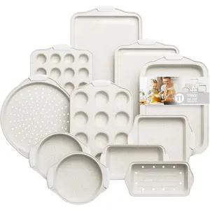 11- Kitchen Nonstick Stackable Bakeware Set, Non  Bakeware Sets with  Handles, Includes Cookie Sheets, Cake Pan, Loaf Pan, Pizza Pan, Muffin Pan, White
