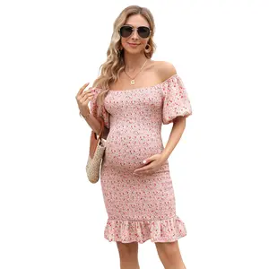 Clearance Sale Limited Stock Square Neck Ruching Puff Sleeve Maternity Dress, Non-Compressed, 100% Rayon, Elegant Summer Baby Shower Dress for Expecting Moms
