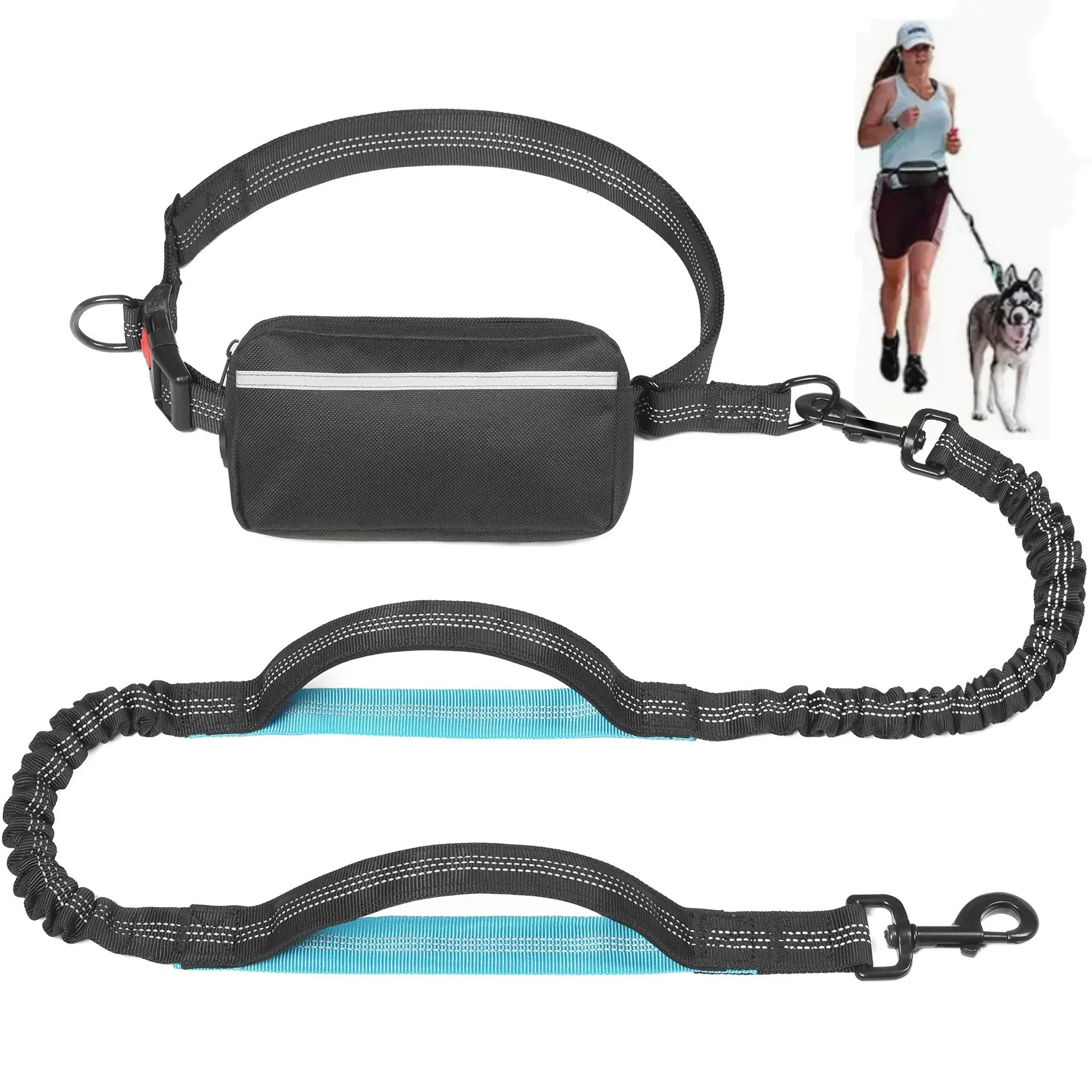 Hands-Free Retractable Bungee Dog Leash with Waist Bag & Reflective Strip Harness, for Running & Hiking, 2-LED Comfort Accessory, K9/Poodle Lead, Kitten Splint & Poppy Fringe Cat Collar Supplies