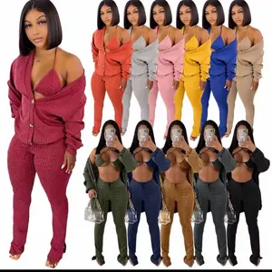 Women's 3- Piece Set - Casual Outfit with V-Neck and Long Sleeve, Available in Multiple Colors